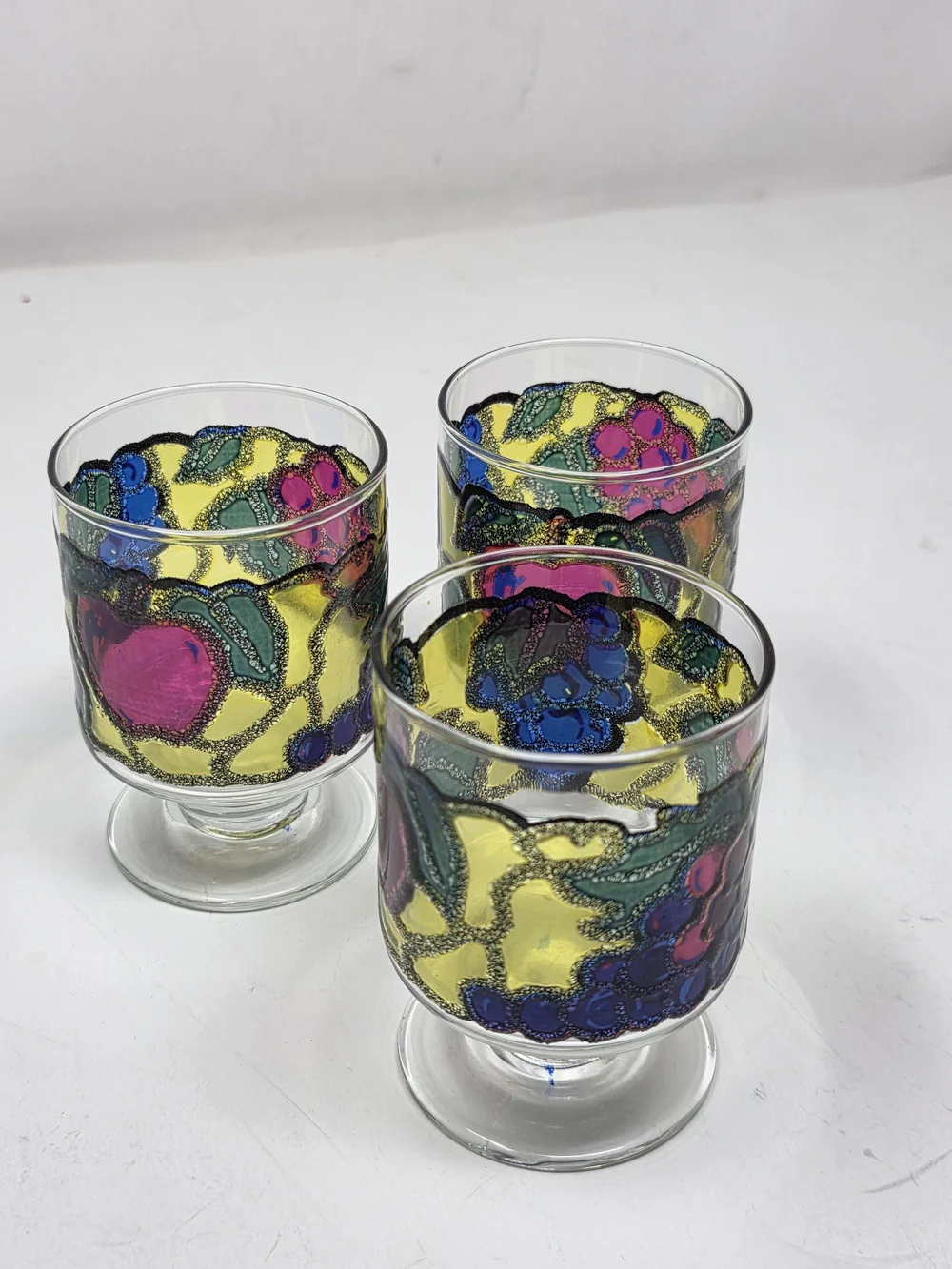 Libbey Set of 3 Colorful Hand-Painted Fruit Cocktail footed Glasses Vintage